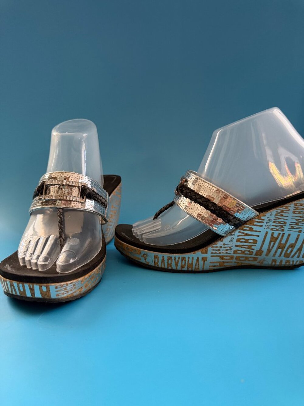 Baby Phat Y2K Vintage Sequin Cork Wedge Thong Sandals Silver Cat Logo Size 8